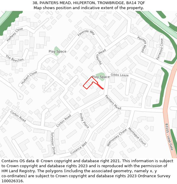 38, PAINTERS MEAD, HILPERTON, TROWBRIDGE, BA14 7QF: Location map and indicative extent of plot