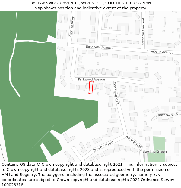 38, PARKWOOD AVENUE, WIVENHOE, COLCHESTER, CO7 9AN: Location map and indicative extent of plot