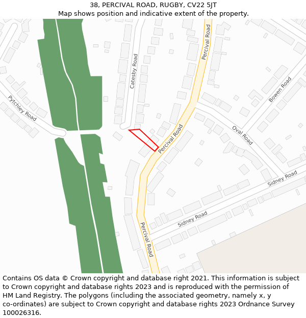 38, PERCIVAL ROAD, RUGBY, CV22 5JT: Location map and indicative extent of plot