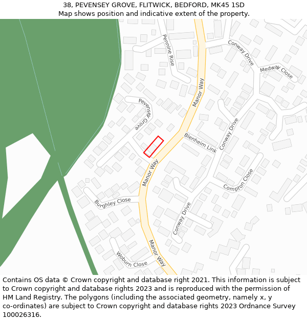 38, PEVENSEY GROVE, FLITWICK, BEDFORD, MK45 1SD: Location map and indicative extent of plot