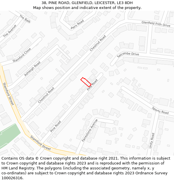 38, PINE ROAD, GLENFIELD, LEICESTER, LE3 8DH: Location map and indicative extent of plot