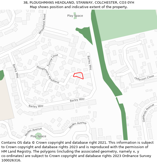 38, PLOUGHMANS HEADLAND, STANWAY, COLCHESTER, CO3 0YH: Location map and indicative extent of plot