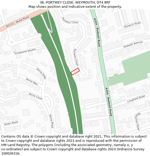 38, PORTWEY CLOSE, WEYMOUTH, DT4 8RF: Location map and indicative extent of plot