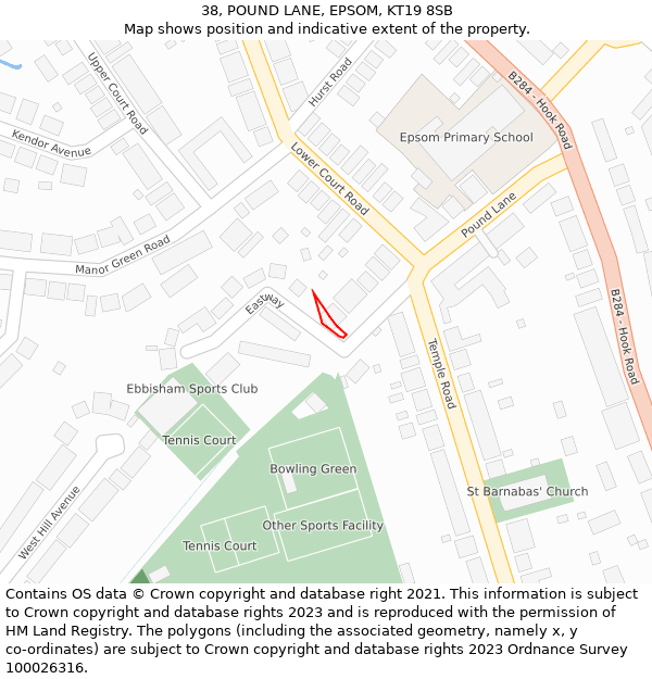 38, POUND LANE, EPSOM, KT19 8SB: Location map and indicative extent of plot