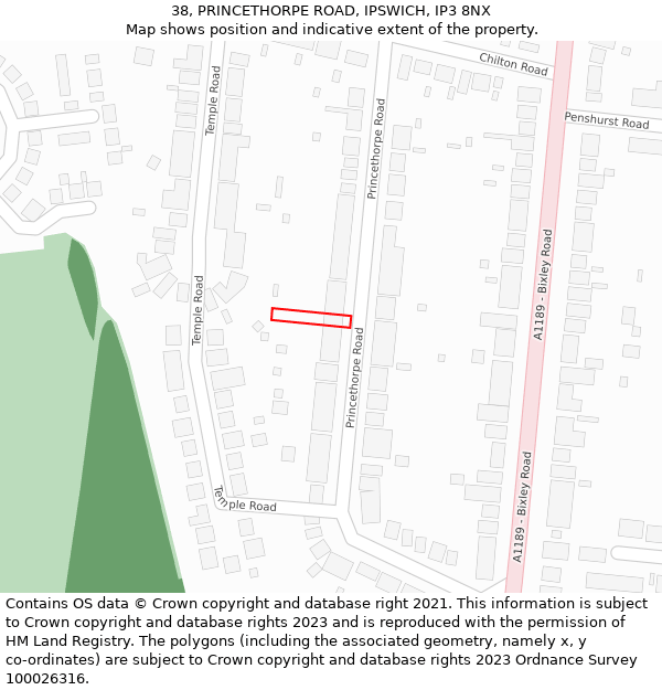 38, PRINCETHORPE ROAD, IPSWICH, IP3 8NX: Location map and indicative extent of plot