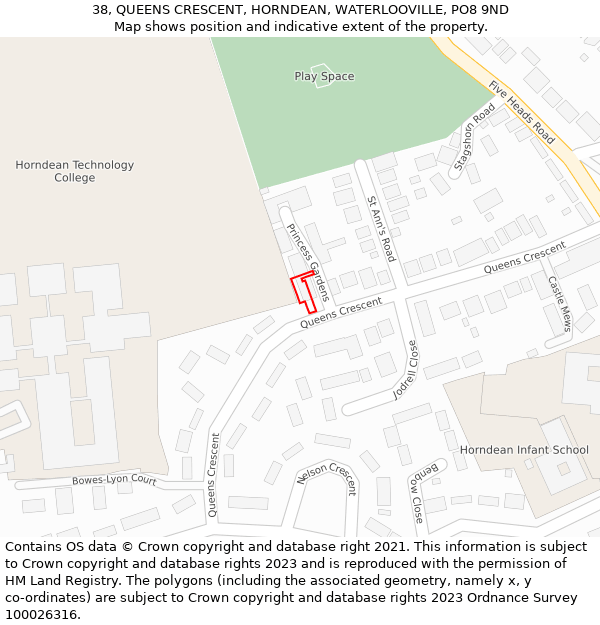 38, QUEENS CRESCENT, HORNDEAN, WATERLOOVILLE, PO8 9ND: Location map and indicative extent of plot