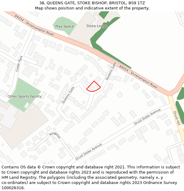38, QUEENS GATE, STOKE BISHOP, BRISTOL, BS9 1TZ: Location map and indicative extent of plot