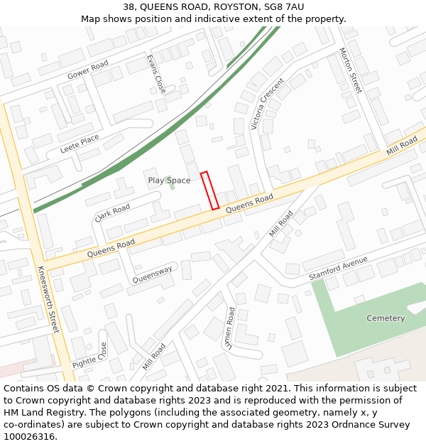 38, QUEENS ROAD, ROYSTON, SG8 7AU: Location map and indicative extent of plot