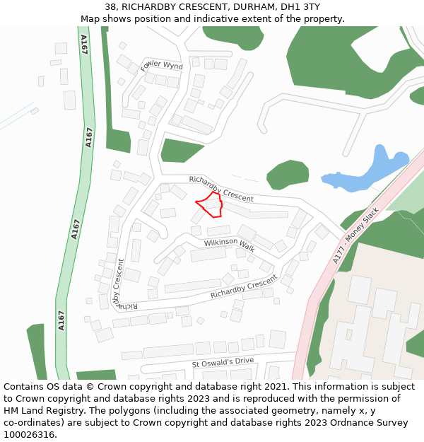 38, RICHARDBY CRESCENT, DURHAM, DH1 3TY: Location map and indicative extent of plot