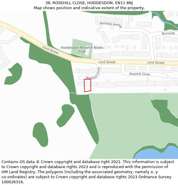 38, ROSEHILL CLOSE, HODDESDON, EN11 8NJ: Location map and indicative extent of plot
