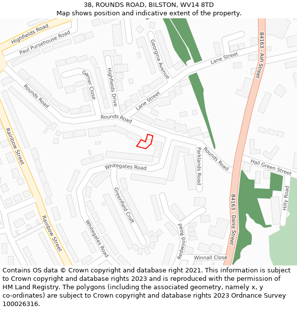 38, ROUNDS ROAD, BILSTON, WV14 8TD: Location map and indicative extent of plot