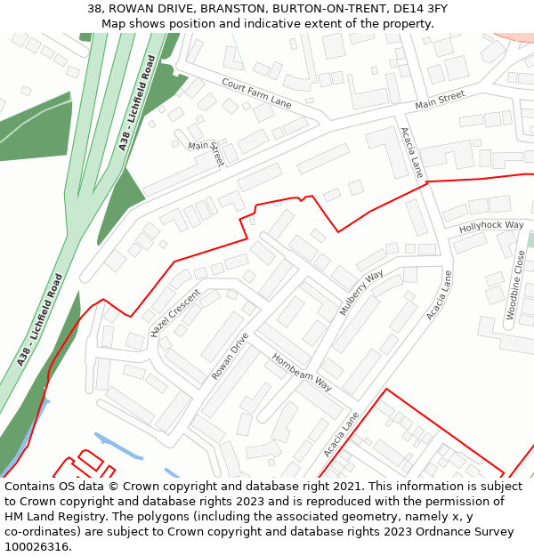 38, ROWAN DRIVE, BRANSTON, BURTON-ON-TRENT, DE14 3FY: Location map and indicative extent of plot