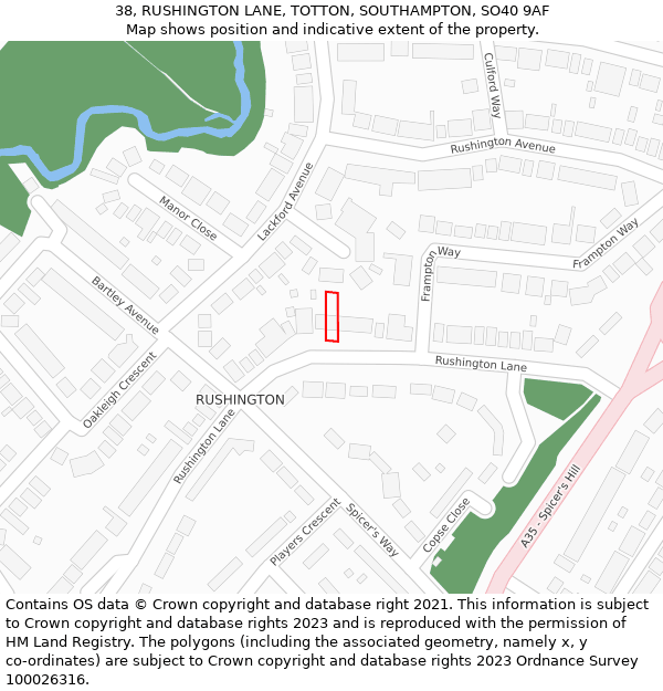 38, RUSHINGTON LANE, TOTTON, SOUTHAMPTON, SO40 9AF: Location map and indicative extent of plot