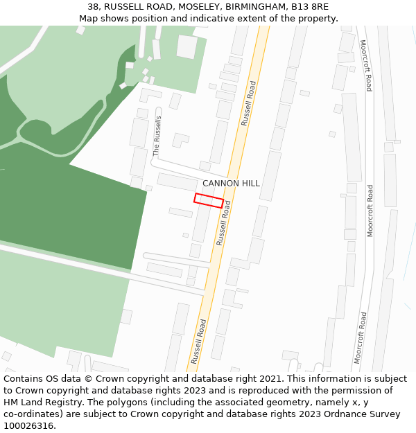 38, RUSSELL ROAD, MOSELEY, BIRMINGHAM, B13 8RE: Location map and indicative extent of plot