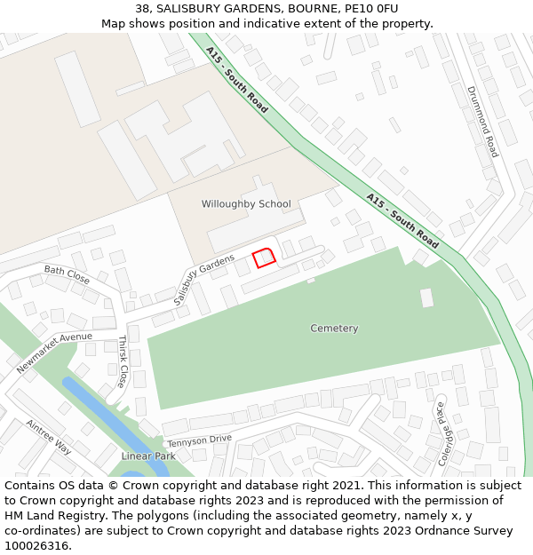 38, SALISBURY GARDENS, BOURNE, PE10 0FU: Location map and indicative extent of plot