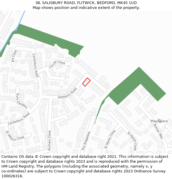 38, SALISBURY ROAD, FLITWICK, BEDFORD, MK45 1UD: Location map and indicative extent of plot