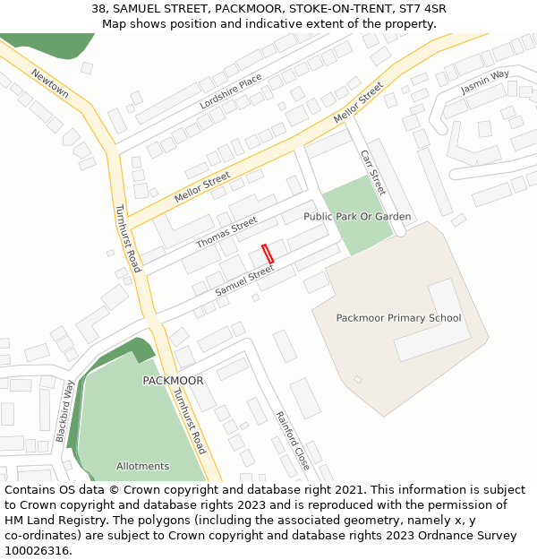 38, SAMUEL STREET, PACKMOOR, STOKE-ON-TRENT, ST7 4SR: Location map and indicative extent of plot