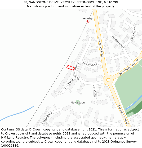 38, SANDSTONE DRIVE, KEMSLEY, SITTINGBOURNE, ME10 2PL: Location map and indicative extent of plot