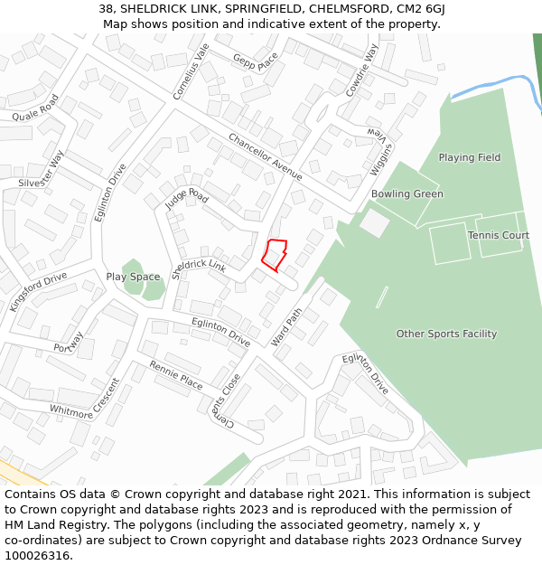 38, SHELDRICK LINK, SPRINGFIELD, CHELMSFORD, CM2 6GJ: Location map and indicative extent of plot