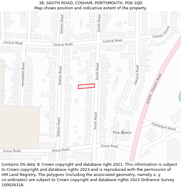 38, SOUTH ROAD, COSHAM, PORTSMOUTH, PO6 1QD: Location map and indicative extent of plot