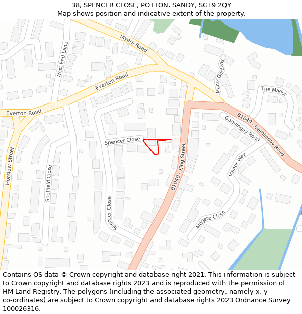 38, SPENCER CLOSE, POTTON, SANDY, SG19 2QY: Location map and indicative extent of plot