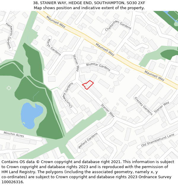 38, STANIER WAY, HEDGE END, SOUTHAMPTON, SO30 2XF: Location map and indicative extent of plot