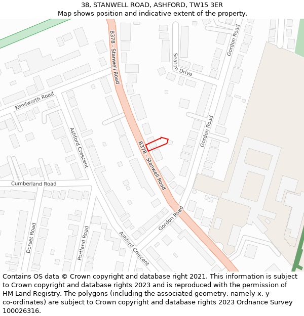 38, STANWELL ROAD, ASHFORD, TW15 3ER: Location map and indicative extent of plot