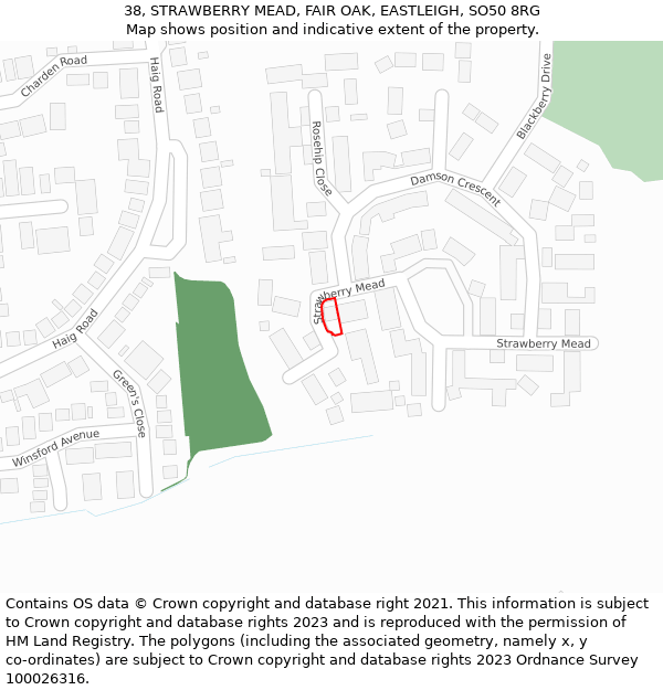 38, STRAWBERRY MEAD, FAIR OAK, EASTLEIGH, SO50 8RG: Location map and indicative extent of plot