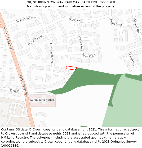 38, STUBBINGTON WAY, FAIR OAK, EASTLEIGH, SO50 7LR: Location map and indicative extent of plot