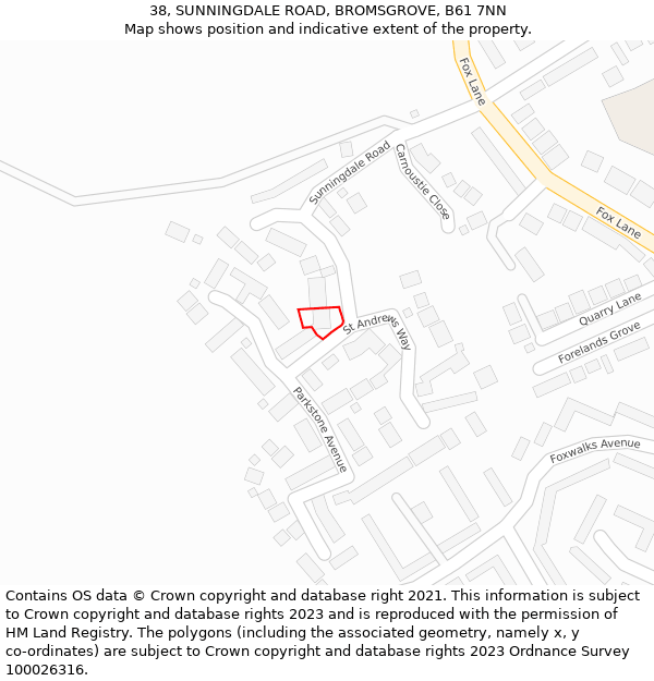 38, SUNNINGDALE ROAD, BROMSGROVE, B61 7NN: Location map and indicative extent of plot