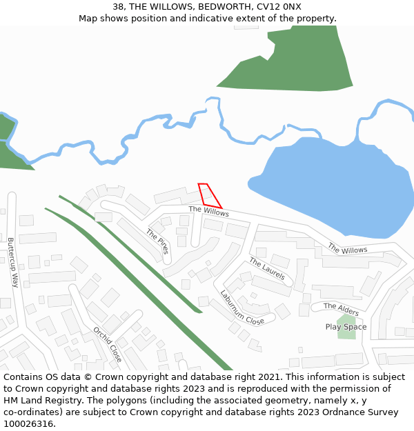 38, THE WILLOWS, BEDWORTH, CV12 0NX: Location map and indicative extent of plot