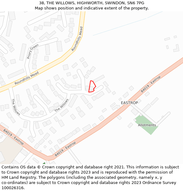 38, THE WILLOWS, HIGHWORTH, SWINDON, SN6 7PG: Location map and indicative extent of plot