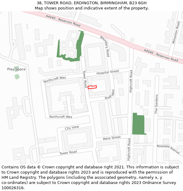 38, TOWER ROAD, ERDINGTON, BIRMINGHAM, B23 6GH: Location map and indicative extent of plot