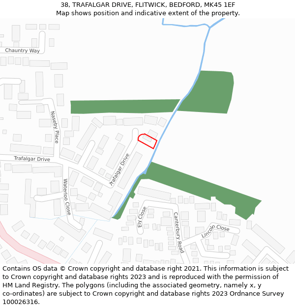 38, TRAFALGAR DRIVE, FLITWICK, BEDFORD, MK45 1EF: Location map and indicative extent of plot