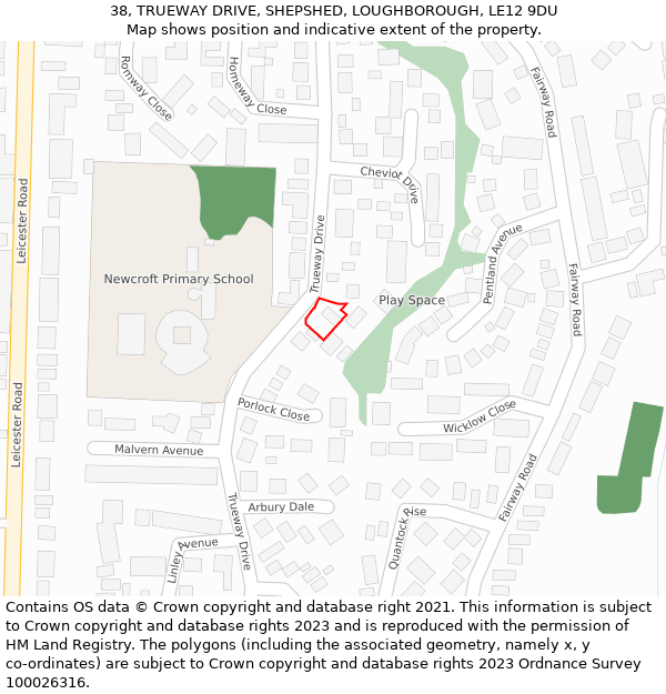 38, TRUEWAY DRIVE, SHEPSHED, LOUGHBOROUGH, LE12 9DU: Location map and indicative extent of plot