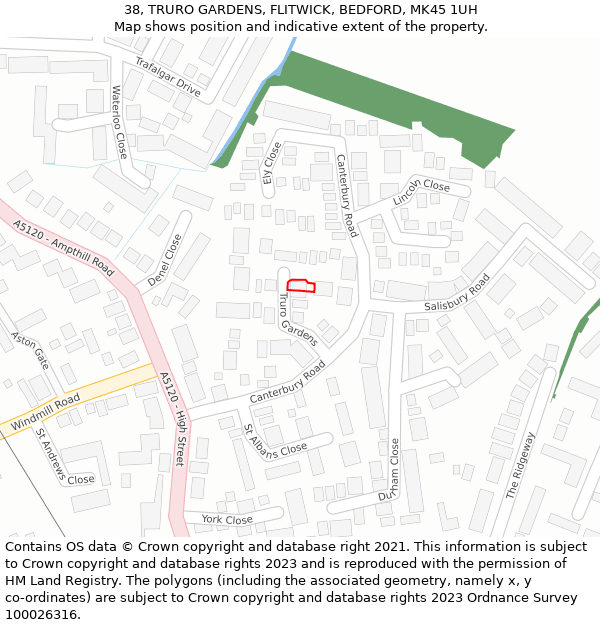 38, TRURO GARDENS, FLITWICK, BEDFORD, MK45 1UH: Location map and indicative extent of plot