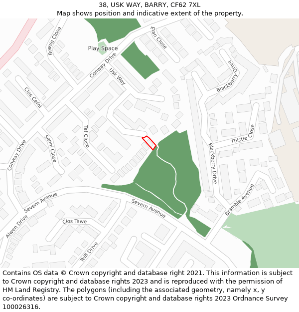 38, USK WAY, BARRY, CF62 7XL: Location map and indicative extent of plot