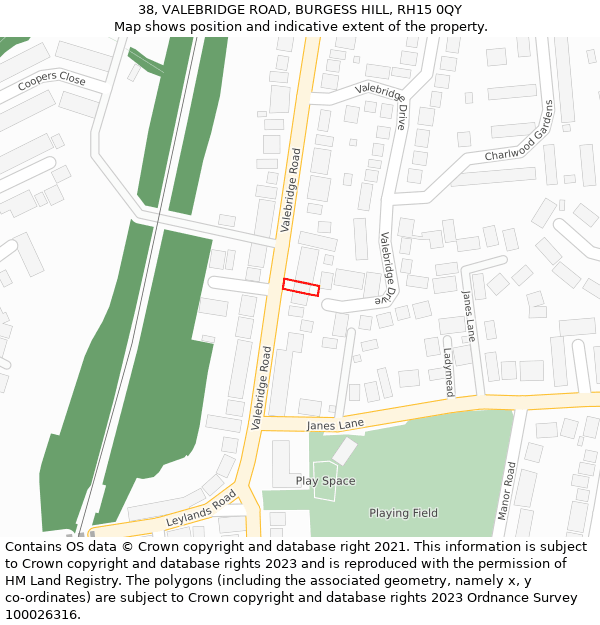 38, VALEBRIDGE ROAD, BURGESS HILL, RH15 0QY: Location map and indicative extent of plot