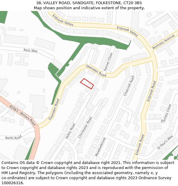 38, VALLEY ROAD, SANDGATE, FOLKESTONE, CT20 3BS: Location map and indicative extent of plot