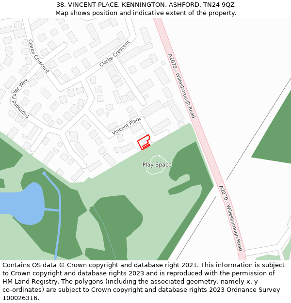 38, VINCENT PLACE, KENNINGTON, ASHFORD, TN24 9QZ: Location map and indicative extent of plot