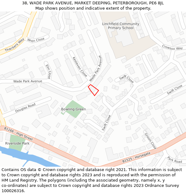 38, WADE PARK AVENUE, MARKET DEEPING, PETERBOROUGH, PE6 8JL: Location map and indicative extent of plot