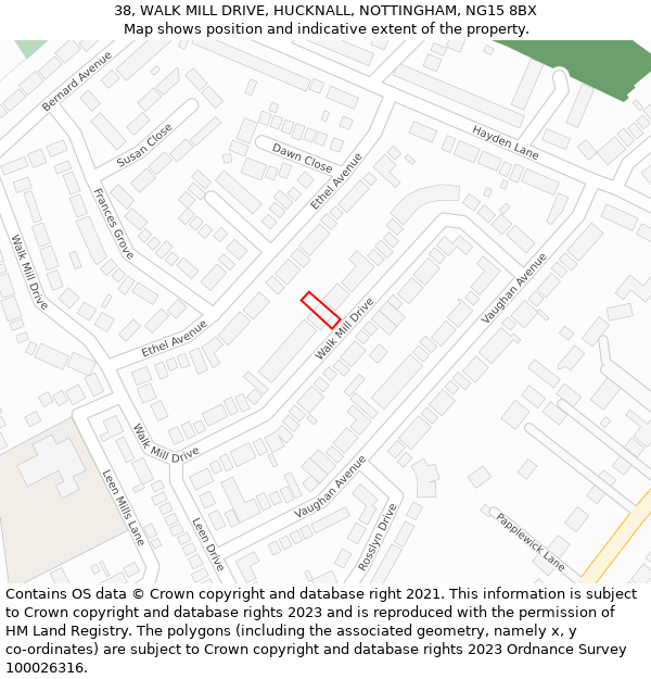 38, WALK MILL DRIVE, HUCKNALL, NOTTINGHAM, NG15 8BX: Location map and indicative extent of plot