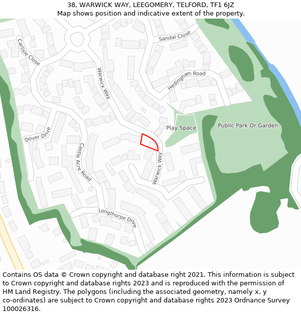 38, WARWICK WAY, LEEGOMERY, TELFORD, TF1 6JZ: Location map and indicative extent of plot