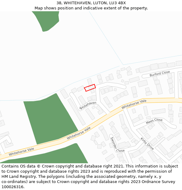38, WHITEHAVEN, LUTON, LU3 4BX: Location map and indicative extent of plot