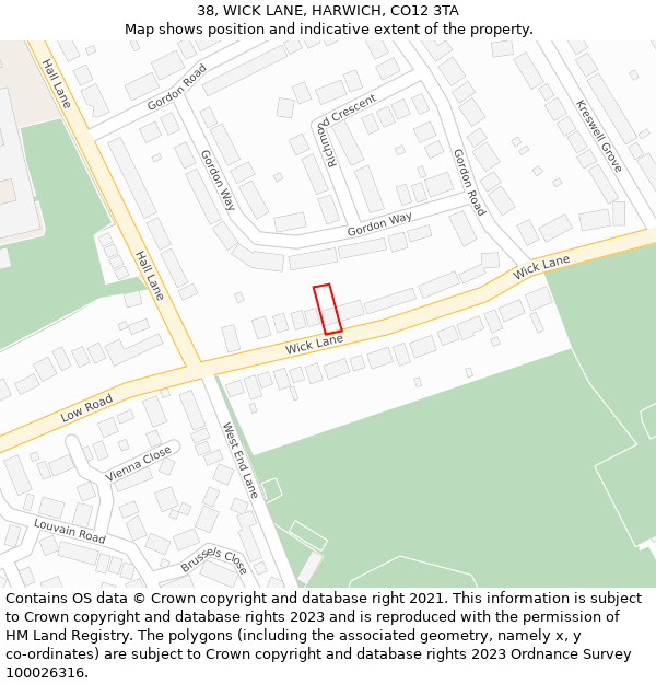 38, WICK LANE, HARWICH, CO12 3TA: Location map and indicative extent of plot