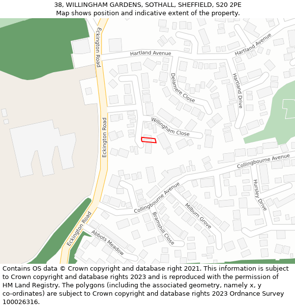 38, WILLINGHAM GARDENS, SOTHALL, SHEFFIELD, S20 2PE: Location map and indicative extent of plot