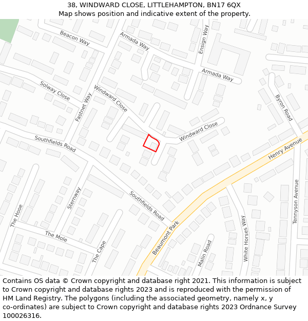 38, WINDWARD CLOSE, LITTLEHAMPTON, BN17 6QX: Location map and indicative extent of plot