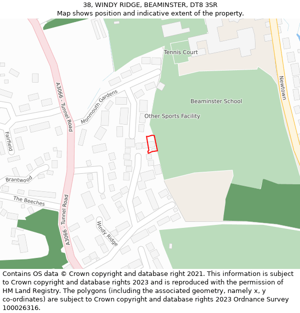 38, WINDY RIDGE, BEAMINSTER, DT8 3SR: Location map and indicative extent of plot