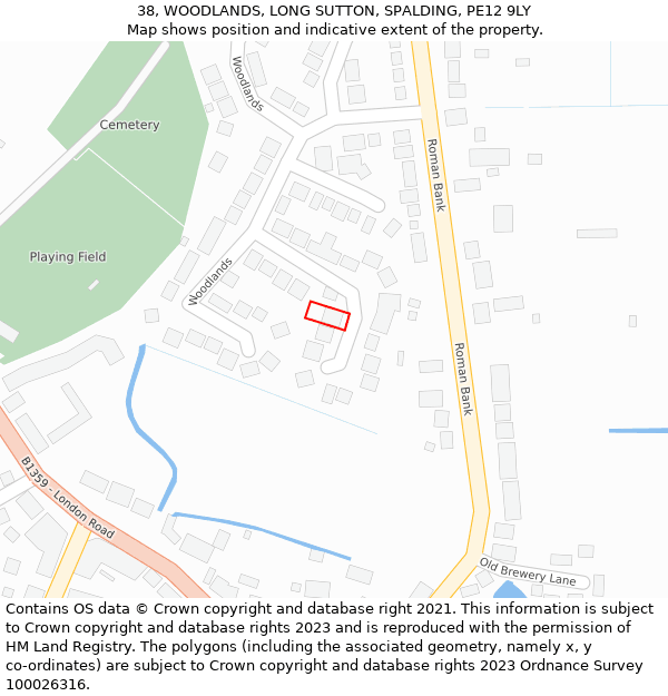 38, WOODLANDS, LONG SUTTON, SPALDING, PE12 9LY: Location map and indicative extent of plot