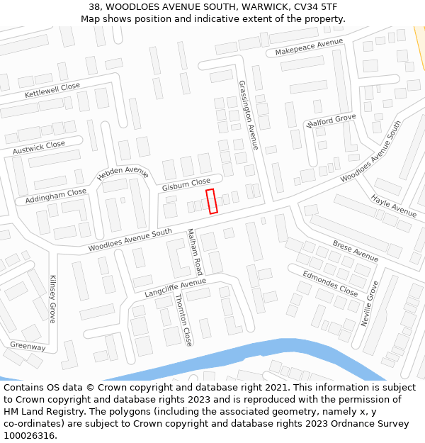 38, WOODLOES AVENUE SOUTH, WARWICK, CV34 5TF: Location map and indicative extent of plot